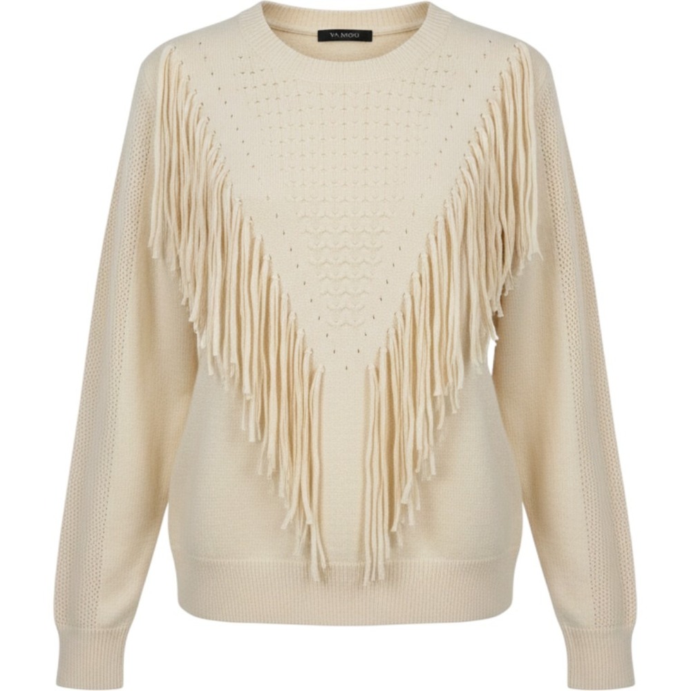 Chouyatou Fringe Tassel Sweater Women XXL Cream Western Boho Pointelle Pullover